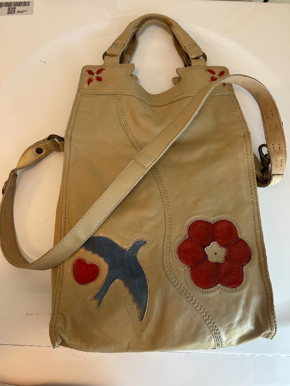 Lucky Brand vintage boho shoulder crossbody tote flower bird patches